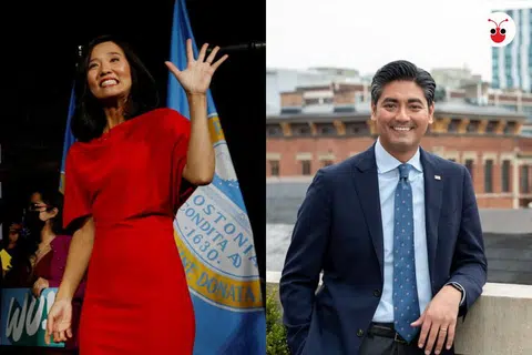 美国波士顿市和辛辛那提市打破纪录，双双迎来了首位亚裔市长。左起：波士顿当选市长吴弭（Michelle Wu），辛辛那提当选市长普雷瓦尔（Aftab Pureval）。（路透社 / 普雷瓦尔推特）