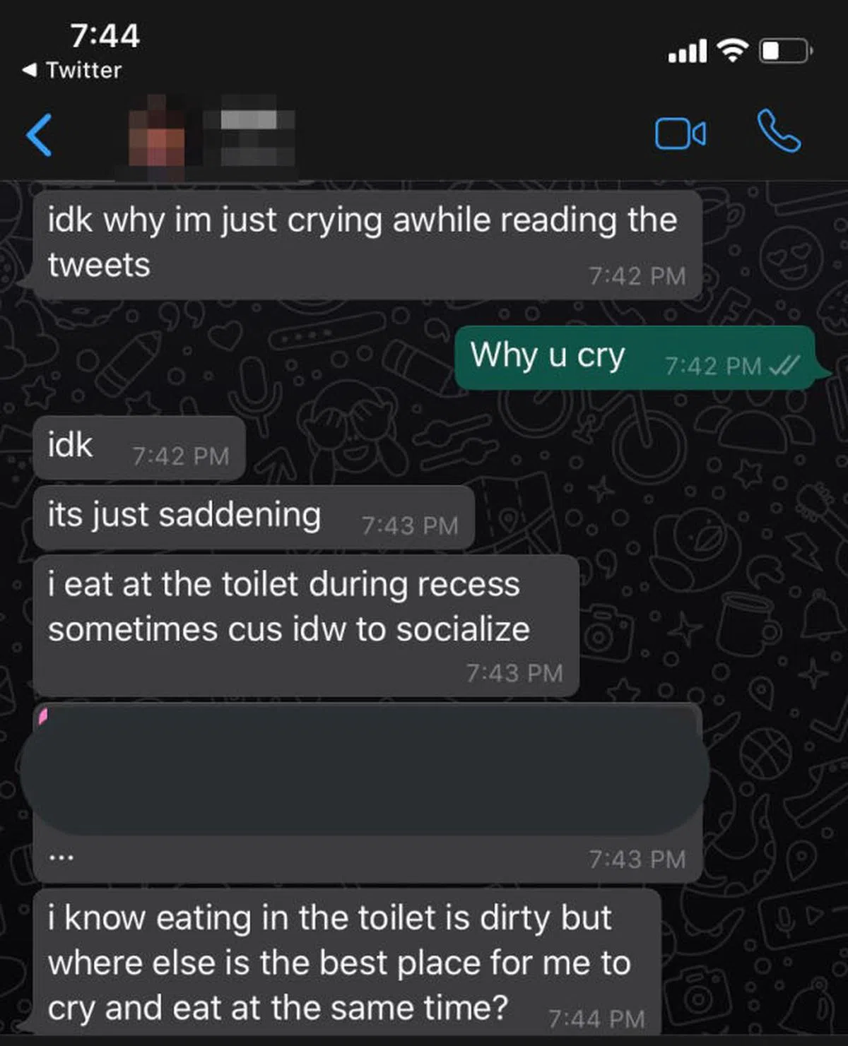  受霸凌的女生向姐姐申诉，自己因被同学辱骂，休息时间躲进学校厕所，一边哭泣一边吃午餐。图为受害女生的姐姐在网上公开她和妹妹通短信的截图。（互联网） 