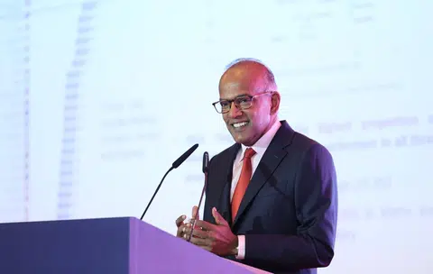 尚穆根在“中国论坛：东南亚2023”致辞。（联合早报）