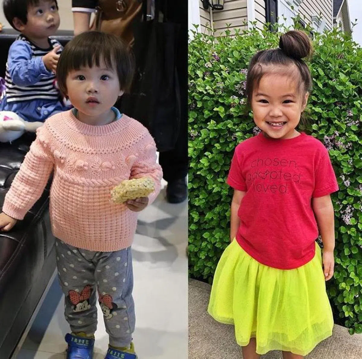  左边的Selah是Becca夫妇第一次在贵州福利院看到她的时候的样子，羞涩，不安。而在Becca和Dan的关爱与悉心照顾下，现在Selah已经长成一个自信开朗的女孩了。（Becca的Instagram） 