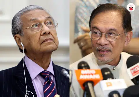 马哈迪（左）反对调高退休年龄剥夺年轻世代的工作机会。他早前也曾指内阁没有空缺给安华。（李国豪制图）