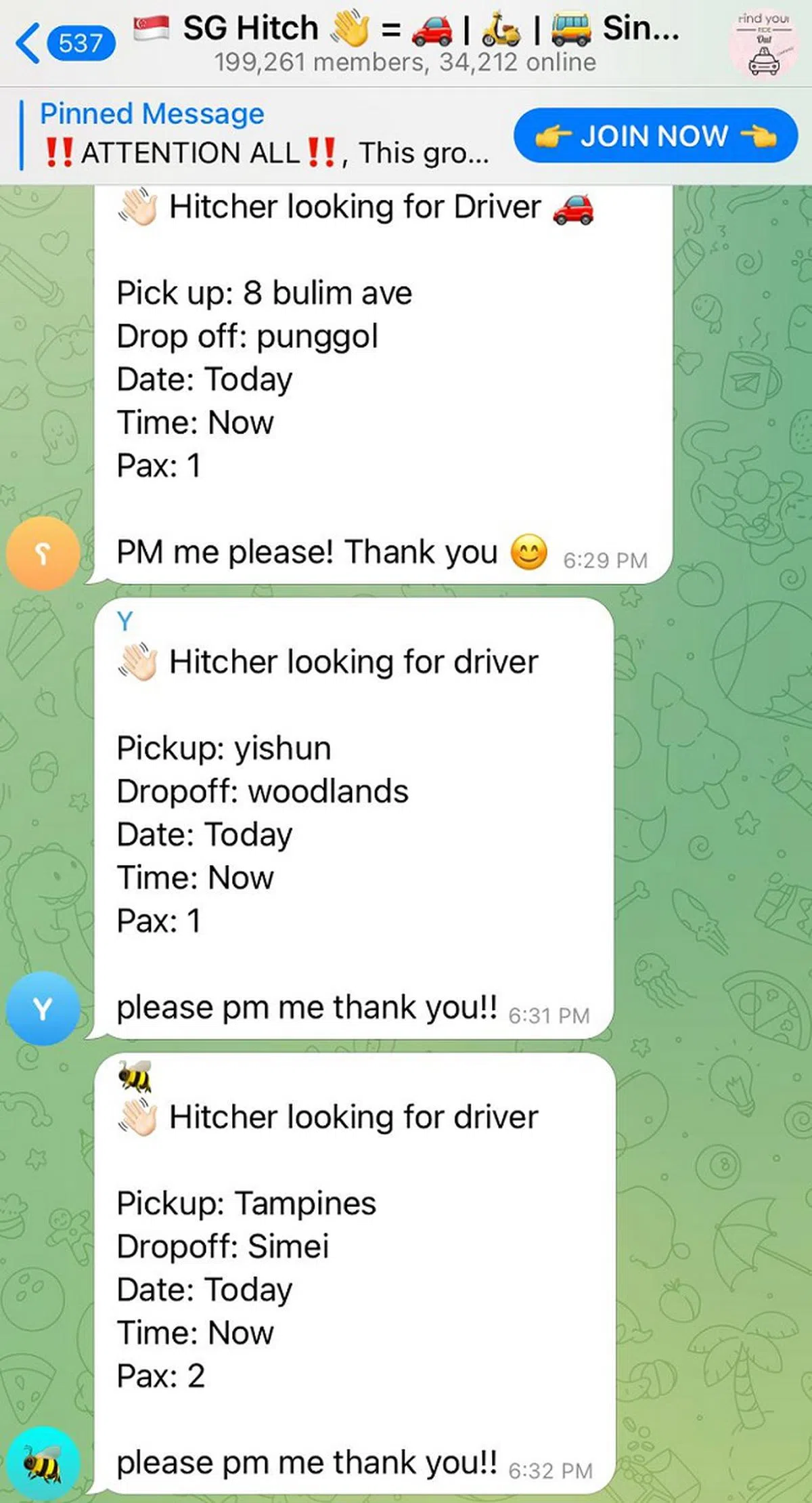2019年起，提供非法拼车服务的群组开始冒出，近几年越来越受欢迎。（Telegram截图）