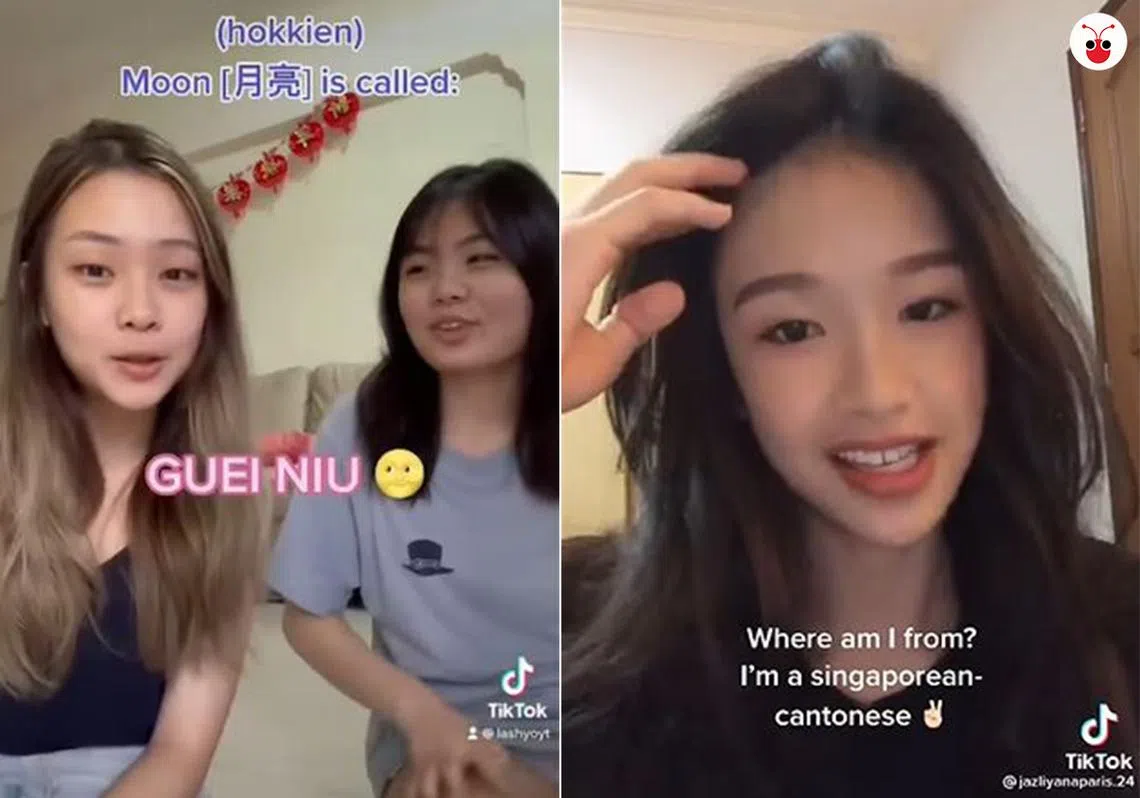 90后美眉王依婷和李嫣儿分别以福建话和广东话制作TikTok视频，成为时下年轻人的新趋势。（TikTok截图 / 红蚂蚁制图）