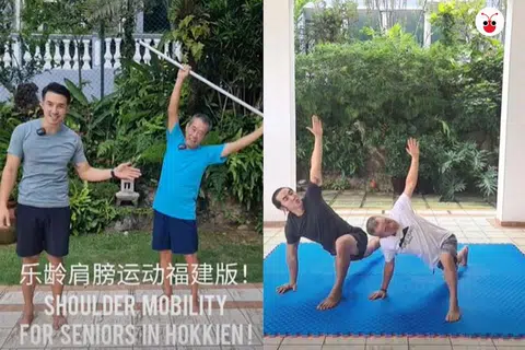 本地健身教练曾建陇拍摄华语和方言教学视频，鼓励乐龄人士在家运动。（Bronson Chan YouTube / 红蚂蚁制图）