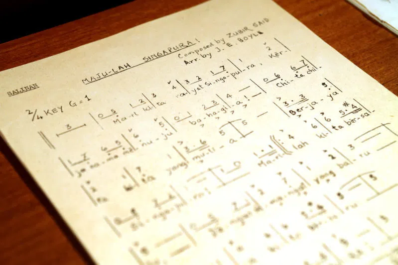 新加坡国歌创作人朱比赛的的国歌《前进吧，新加坡！》（Majulah Singapura!）手稿。