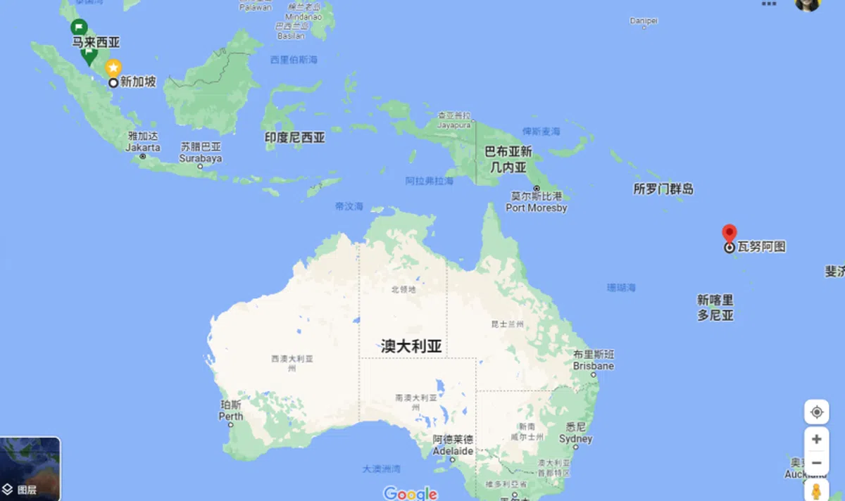 瓦努阿图距离新加坡不是很远。（谷歌地图）