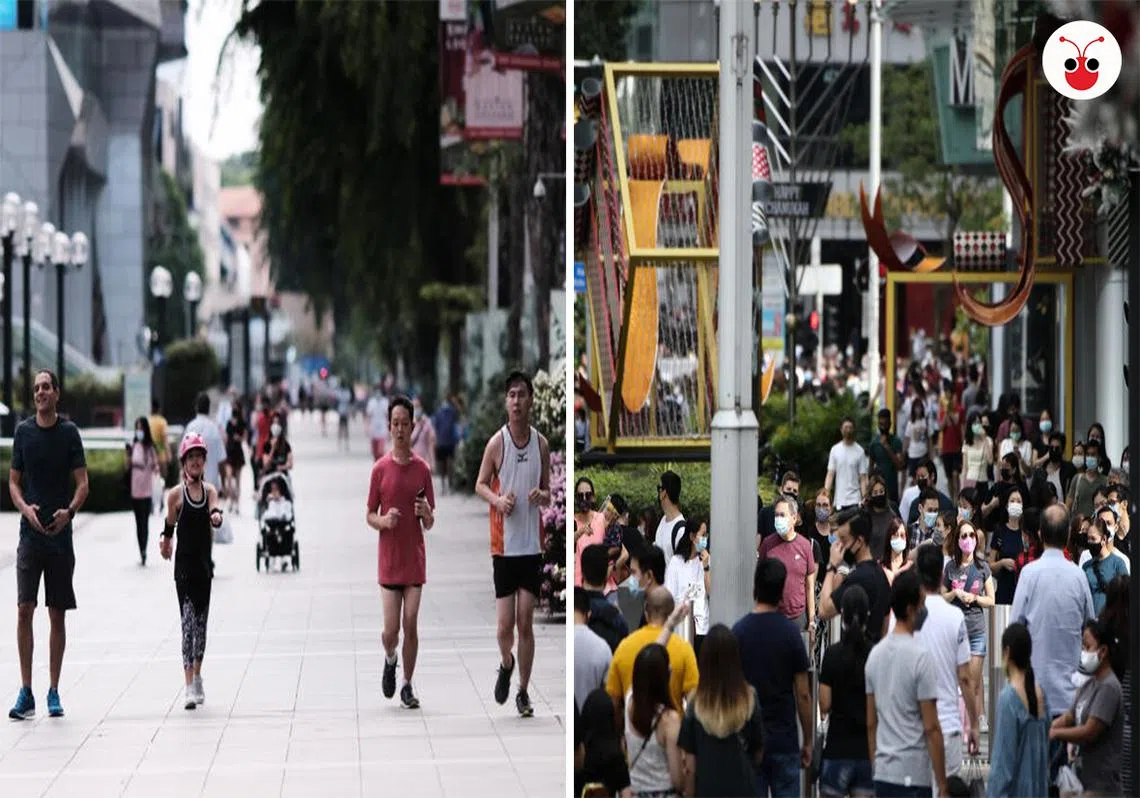 同为周末傍晚的乌节路街景。我国尚未进入解封第三阶段，上周末（右图）已有大批民众涌入商场购物，享受周末时光，与5月时（左图）冷清的乌节路形成鲜明的对比。（红蚂蚁制图）