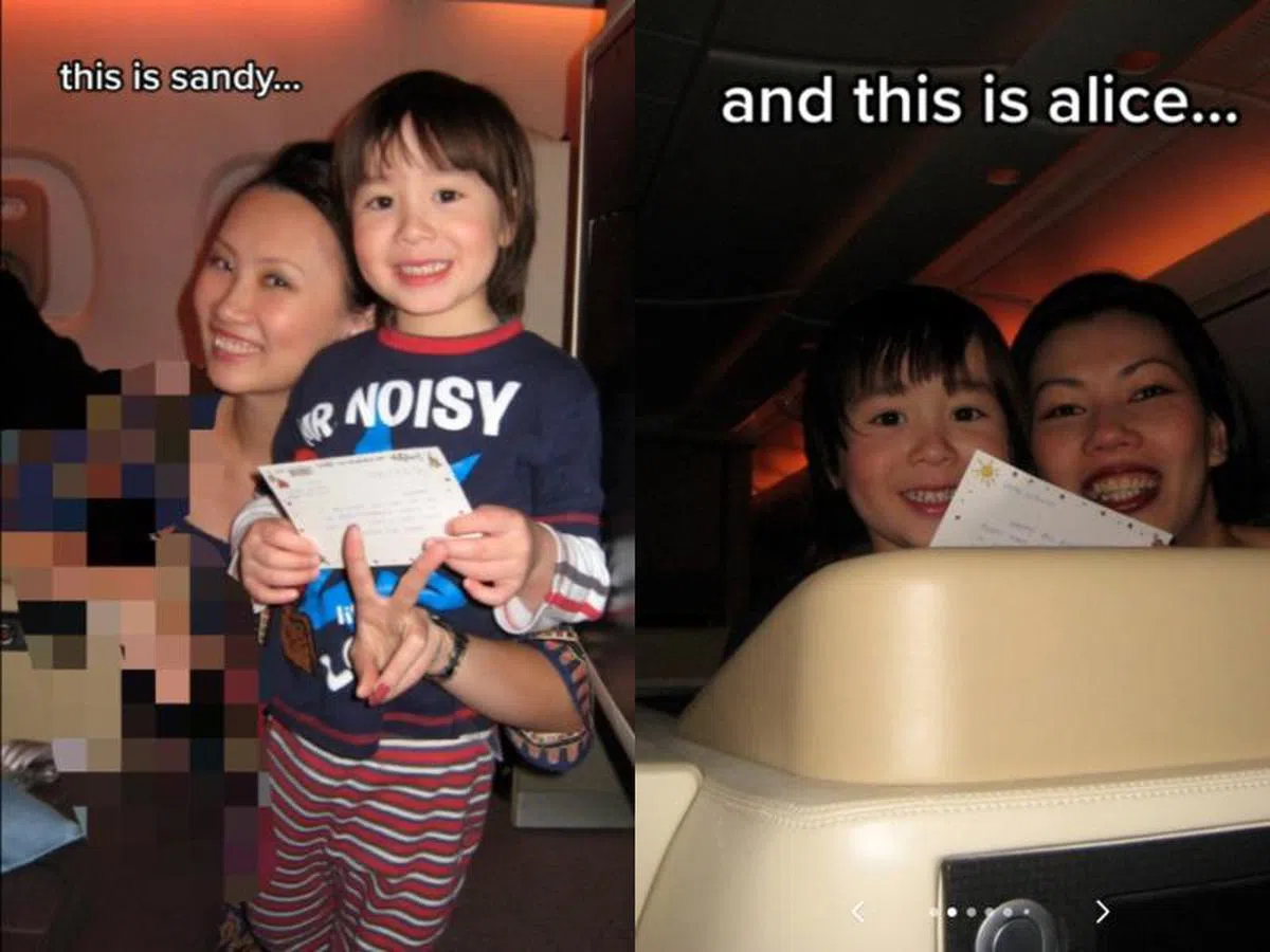 空姐Sandy（左）、空姐Alice（右）给四岁的Dominick送上生日卡片。（取自Dominick的TikTok账户）