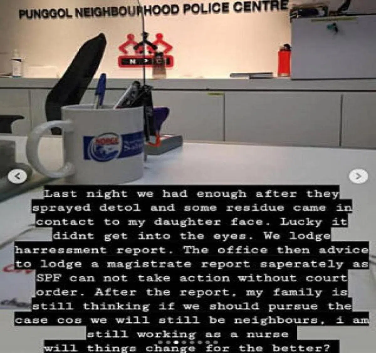  男护士指邻居喷消毒液溅到女儿脸上，夫妇决定报警。（取自Instagram） 