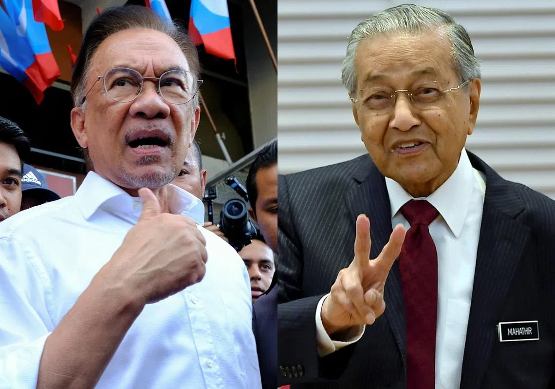 安华（左）获希盟三党提名为首相人选，台面上支持人数超越马哈迪（右）。（李国豪制图）