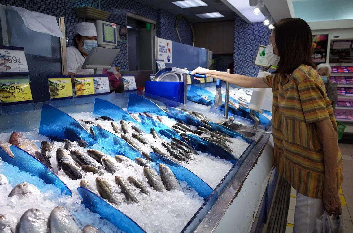 顾客在职总平价超市的海鲜部门买鱼。（联合早报）