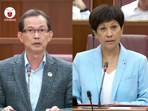 梁文辉（左）5月8日提出题为“让国会成为所有人的更公平舞台”的国会休会动议，国会领袖英兰妮当场回应了他。（国会直播视频截图 / 红蚂蚁制图）