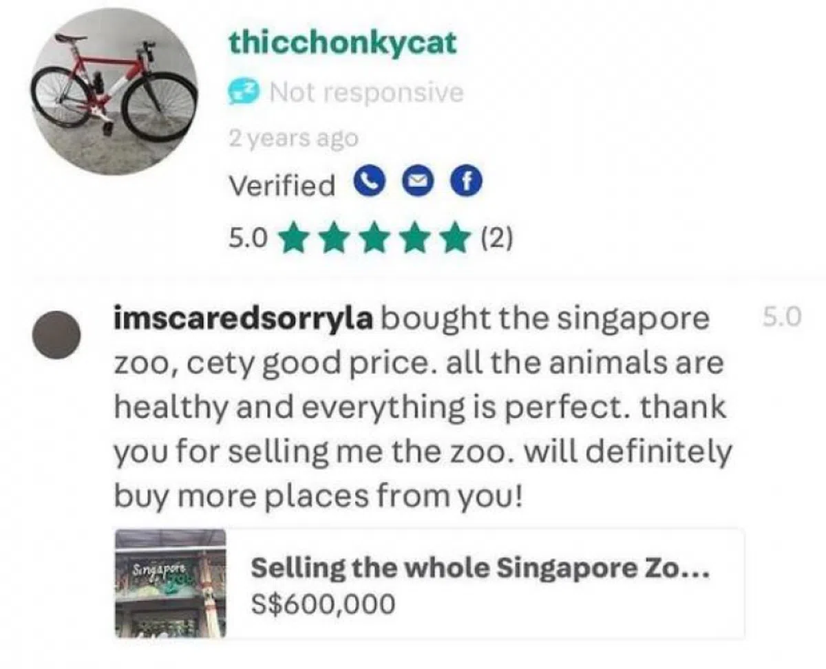  标价60万元的新加坡动物园“成功出售”，买家还留下好评。（sell.singapore Instagram） 