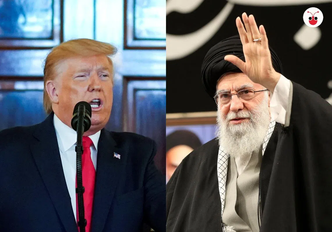 美国总统特朗普（左）宣告将对伊朗最高领袖哈梅内伊（右）领导的伊朗实施经济制裁，但不会采取军事手段。（李国豪制图）
