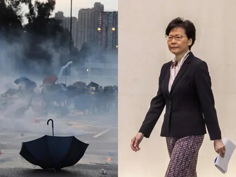 香港市民今日发起三罢、七区集会，林郑月娥（右）指责示威者把香港推往危险边缘。（李国豪制图）