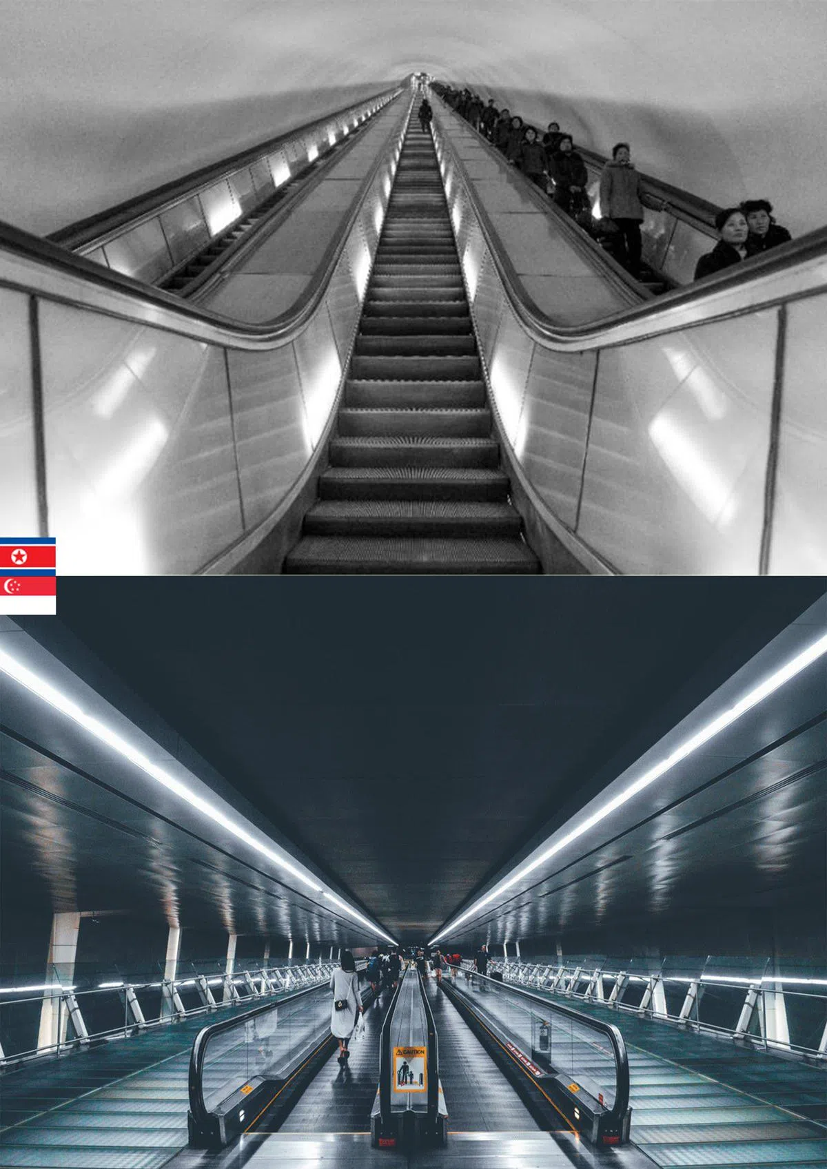  除了地上建筑相似，朝鲜的地下空间也和新加坡“撞脸”。 上图（魏鑫宇摄）下图（Xavier Lur推特）   
