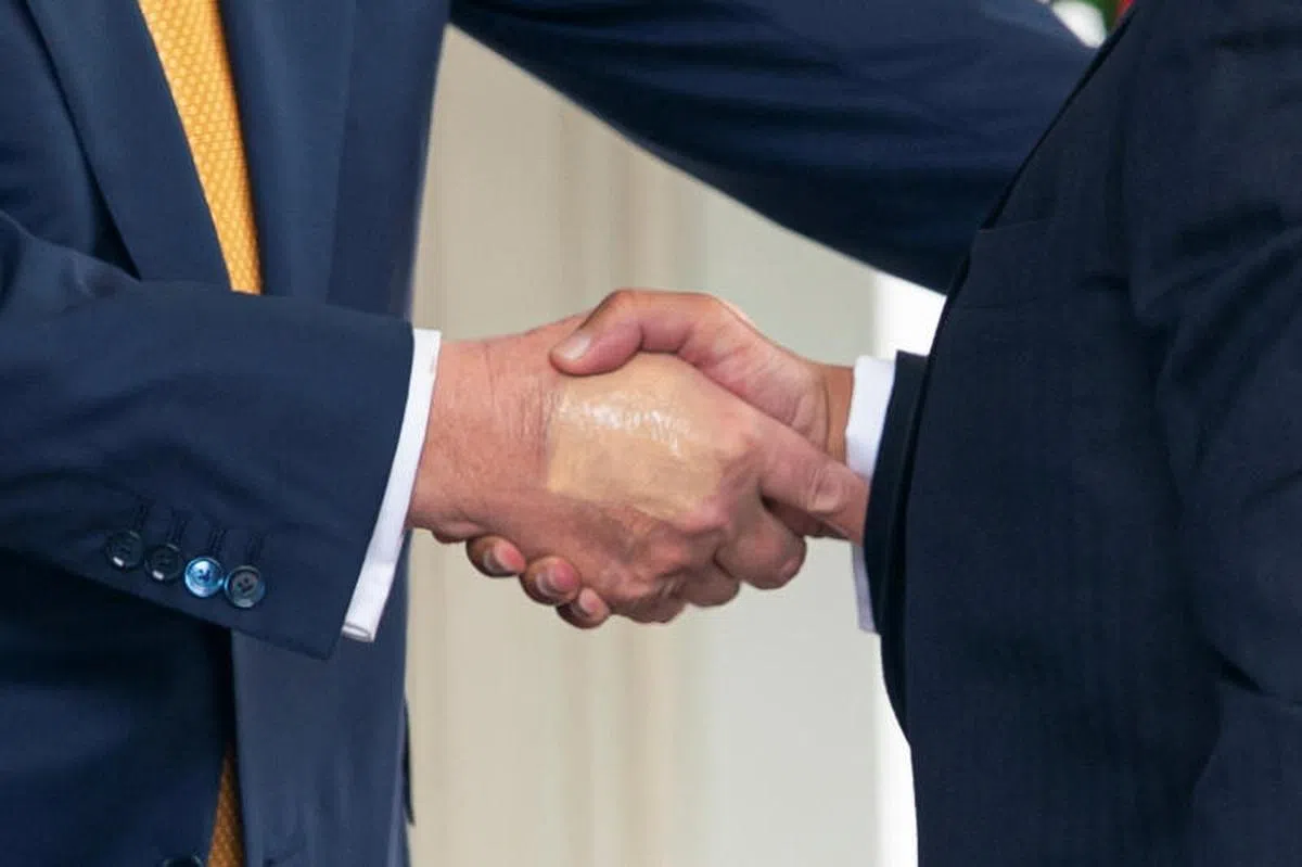 2025年7月16日，特朗普在白宫与巴林王储兼首相萨勒曼握手时，右手背上涂有遮瑕霜。（路透社）