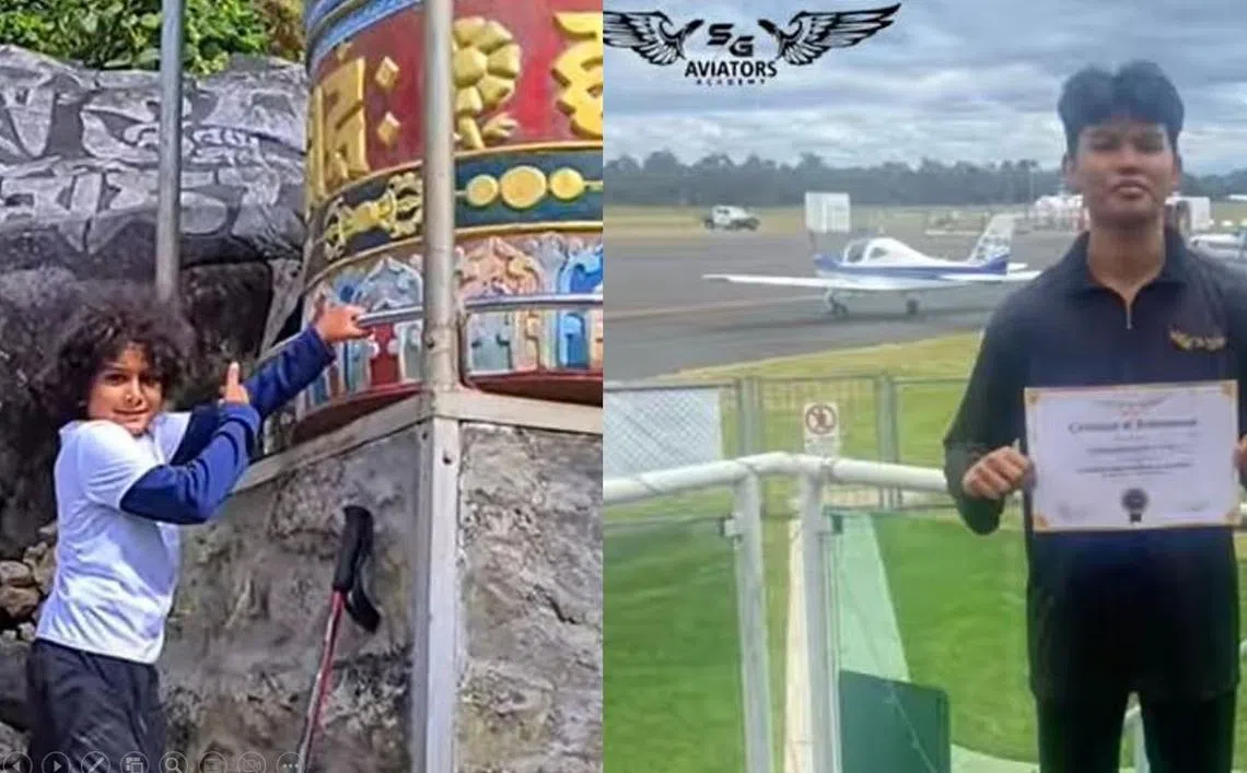 6岁的奥姆（左）和15岁的尼基尔，都是缔造新加坡纪录的小小冒险家。（YouTube视频截图／新加坡民航学院脸书）
