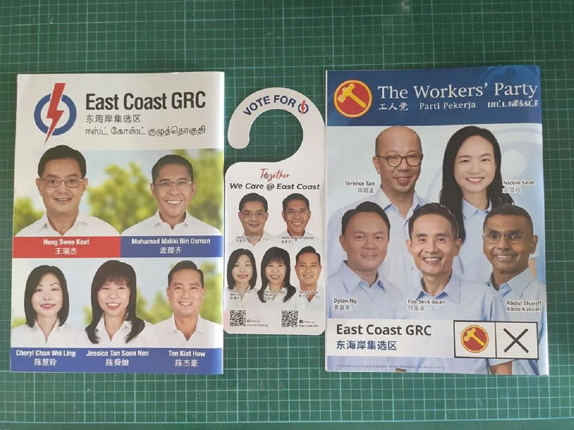 左图为人民行动党在东海岸集选区派发的宣传手册，右图则是工人党的。（Michael Sng Woei Shyong面簿）