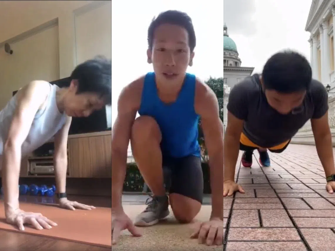 （左起）永续发展与环境部长傅海燕、裕廊集选区议员谢曜全以及马林百列集选区议员陈川仁都接下了伏地挺身挑战。（截自视频）