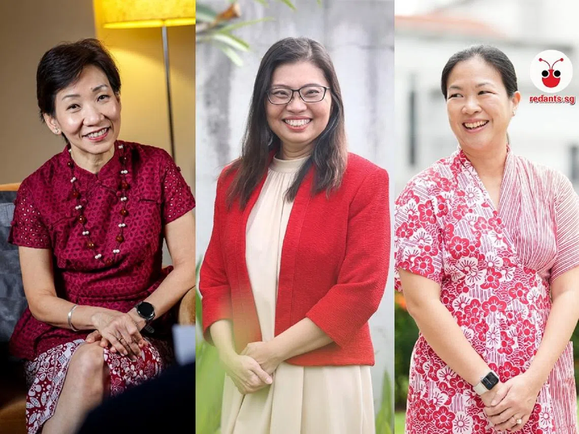 三位新加坡朝野政党女性领袖。（左起）人民行动党的傅海燕、前进党的潘群勤、工人党的何廷儒。（联合早报 / 红蚂蚁制图）