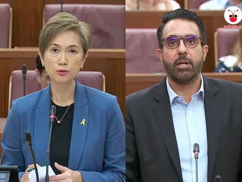 通讯及新闻部长兼内政部第二部长杨莉明今天（2月27日）在国会上回答反对党领袖毕丹星关于新移民遴选条件的问题。（通讯及新闻部视频截图 / 红蚂蚁制图）