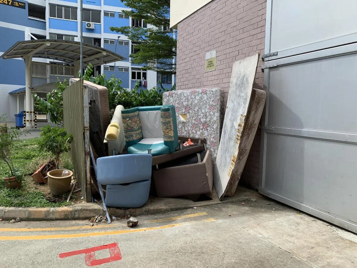  组屋楼下随意抛掷的大型垃圾。（海峡时报） 