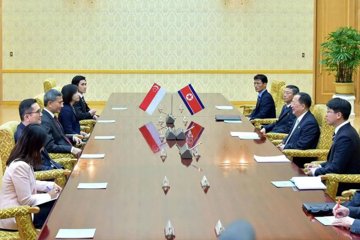  6月7日，我国外长维文与朝鲜外长李容浩在平壤万寿台议事堂会谈。（朝中社） 