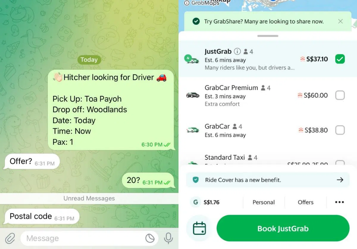 红蚂蚁向霸王车司机开价20新元，对方火速接受并要求提供邮递区号。与此同时，Grab的车资则高达37新元。（红蚂蚁制图）