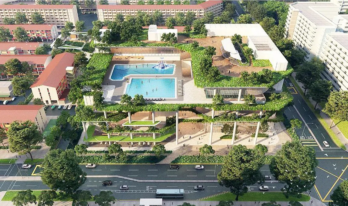 将在2027年竣工的综合发展项目——忠邦城，集民众俱乐部、巴刹、熟食中心、游泳池、健身房和商店于一体。（土地管理局构想图）