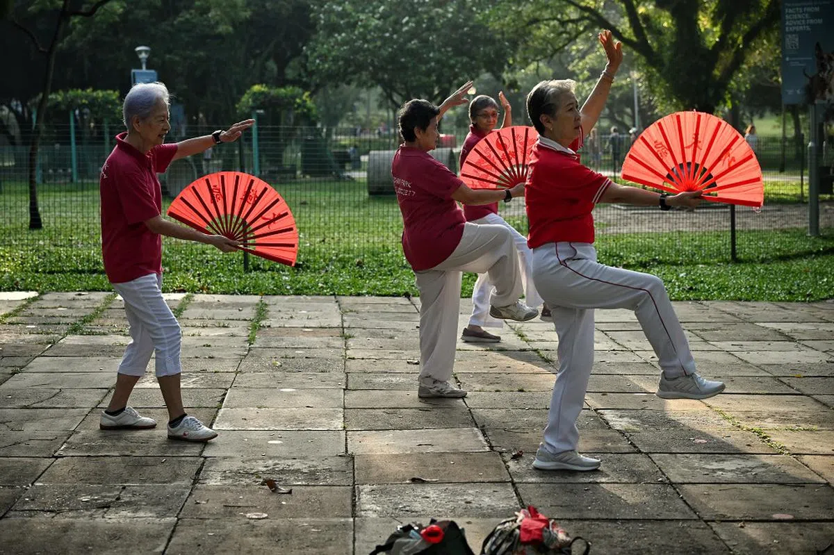 在公园也可以学扇子舞，不一定要去活跃乐龄中心。（海峡时报）