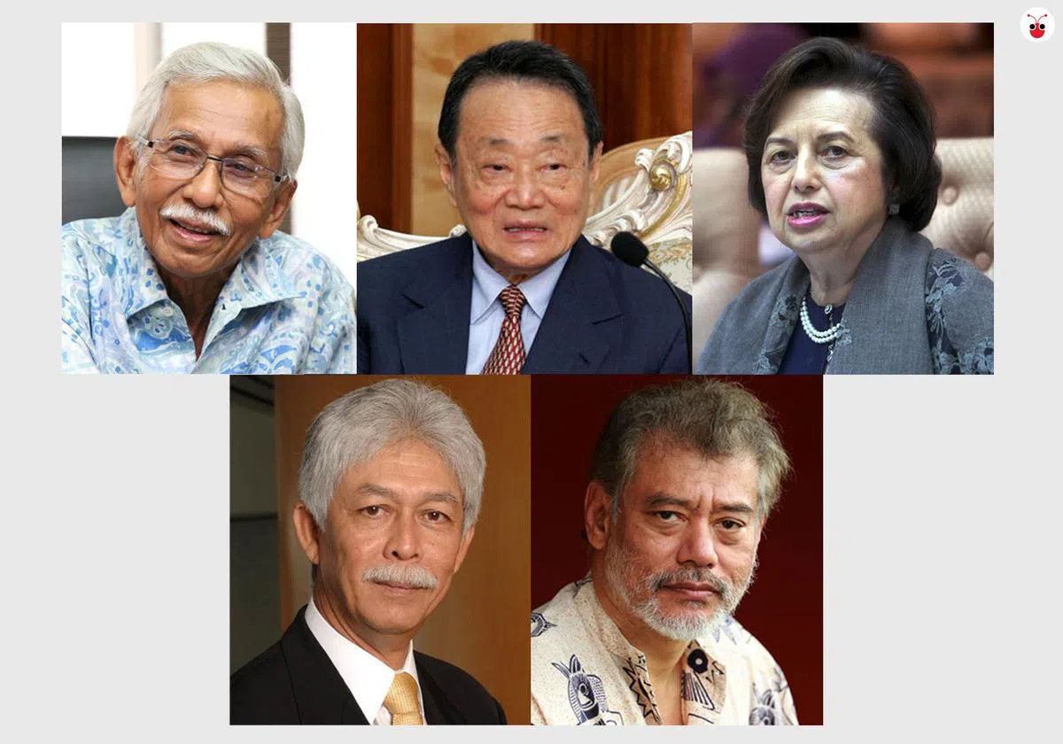  上排左起：前财政部长达因、大马首富郭鹤年和前国家银行总裁洁蒂。下排左起：前国油主席哈山马力肯和经济学家佐摩。（谢静怡制图） 