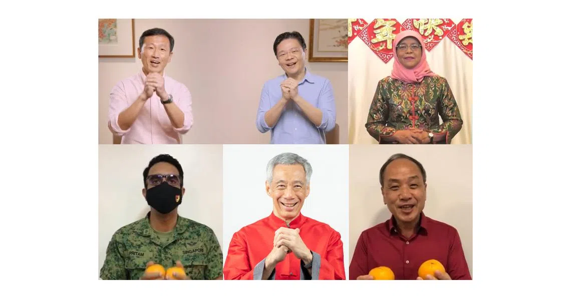 李显龙总理（下排中）、哈莉玛总统（上排右）、王乙康（上排左一）、黄循财（上排中）、毕丹星（下排左）、刘程强（下排右）等政界名人纷纷给民众送上新年祝福。（来源：李显龙总理面簿、哈莉玛总统面簿、黄循财面簿、工人党面簿）