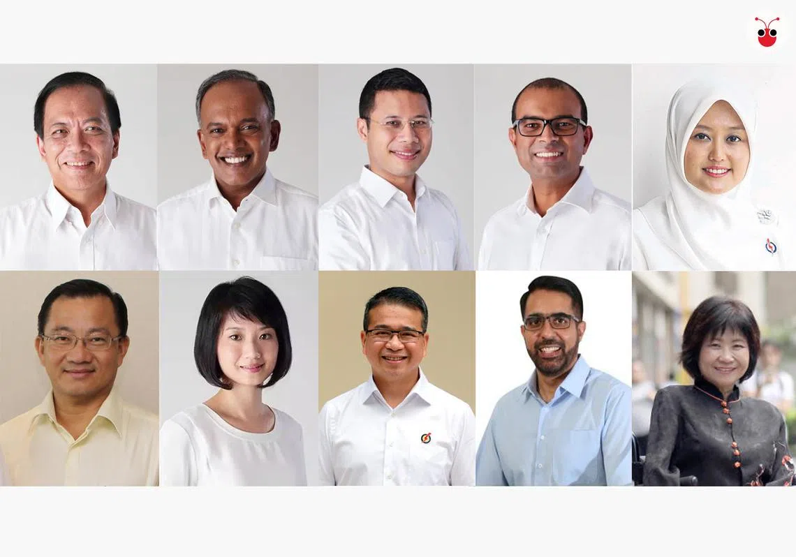 “打假”10人特选委员会：（上排左起）特委会主席、国会副议长张有福、内政部长兼律政部长尚穆根、社会及家庭发展部长兼国家发展部第二部长李智陞、教育部兼通讯及新闻部高级政务部长普杰立医生，以及议员拉哈尤·玛赞。（下排左起）议员谢健平、孙雪玲、唐振辉、反对党工人党议员毕丹星、官委议员代表是谢邕邕。（谢静怡制图） 