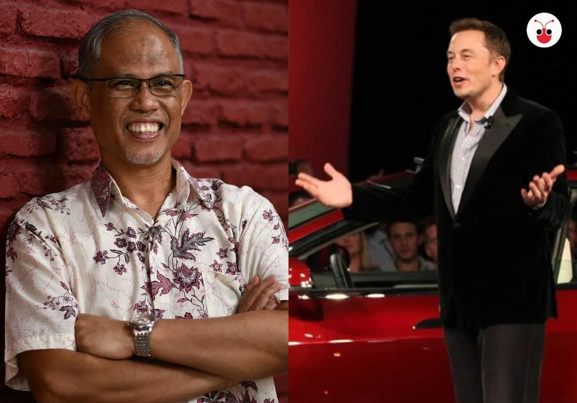 特斯拉公司总裁马斯克（右）抱怨新加坡不欢迎他，马善高（左）反驳称其公司的车子不环保所以政府不敢兴趣。（李国豪制图）