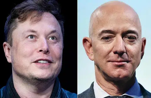 《福布斯》的世界十大富豪名单包括：特斯拉和SpaceX首席执行官马斯克（左）、电商公司亚马逊创办人贝佐斯。（法新社）