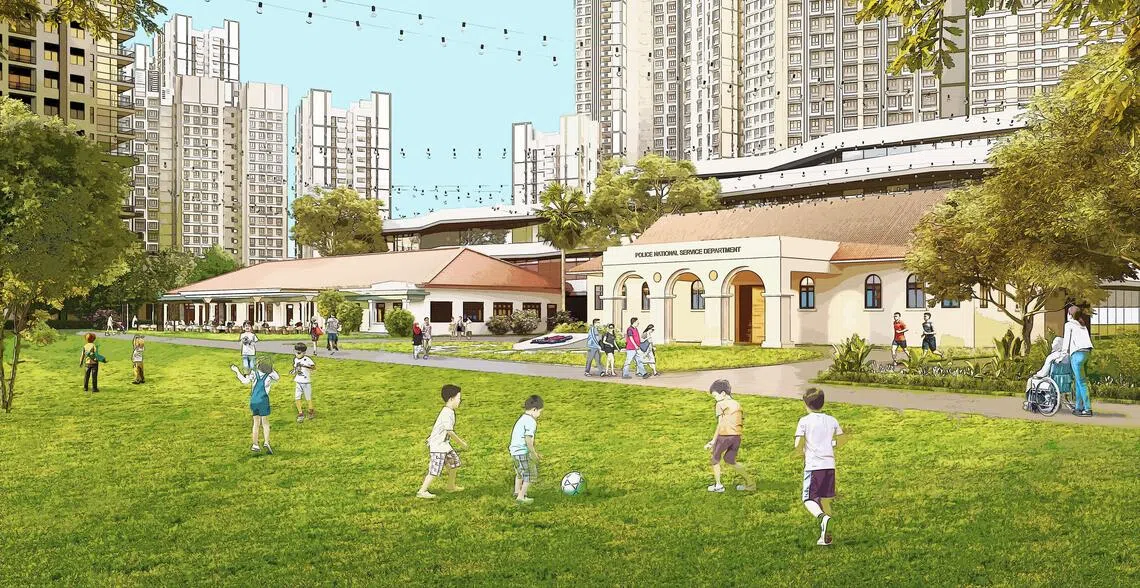 快乐山新组屋将保留旧警察学院六栋最具代表性的建筑。新社区设计将融合遗产元素，包括保留部分步操广场，改造成社区公共空间。