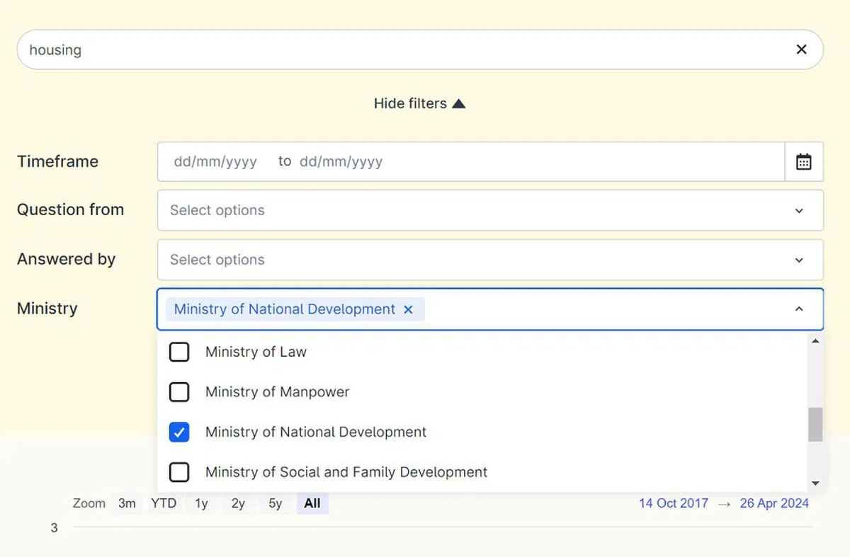 Telescope用户输入关键词后，可以使用时间、提问者和相关政府部门等过滤条件，缩小搜索结果范围。（截图）