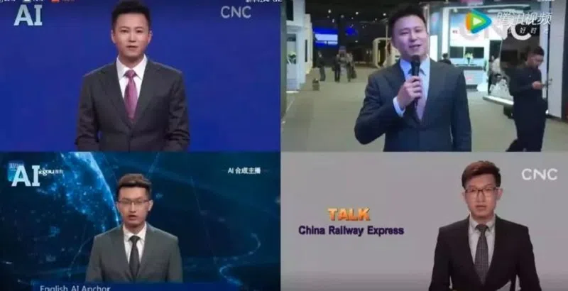 左边是新华社的“AI合成男主播”，右边则是真人主播。（腾讯云）