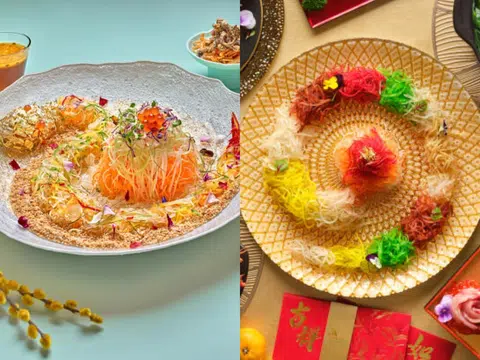 左图为新加坡胡姬酒店的中餐馆雅阁推出的蛇形鱼生。右图为新加坡万豪董厦酒店的万豪轩中餐厅今年推出的蛇形鱼生。（雅阁／万豪轩）