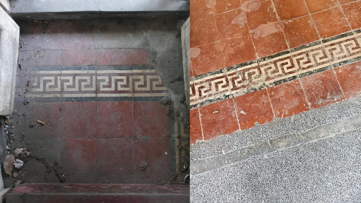 工作人员将原本埋藏在水泥砂浆下的地砖（左）取出，施工完毕后再重新安置（右）。（Studio Lapis Conservation / 商业时报）