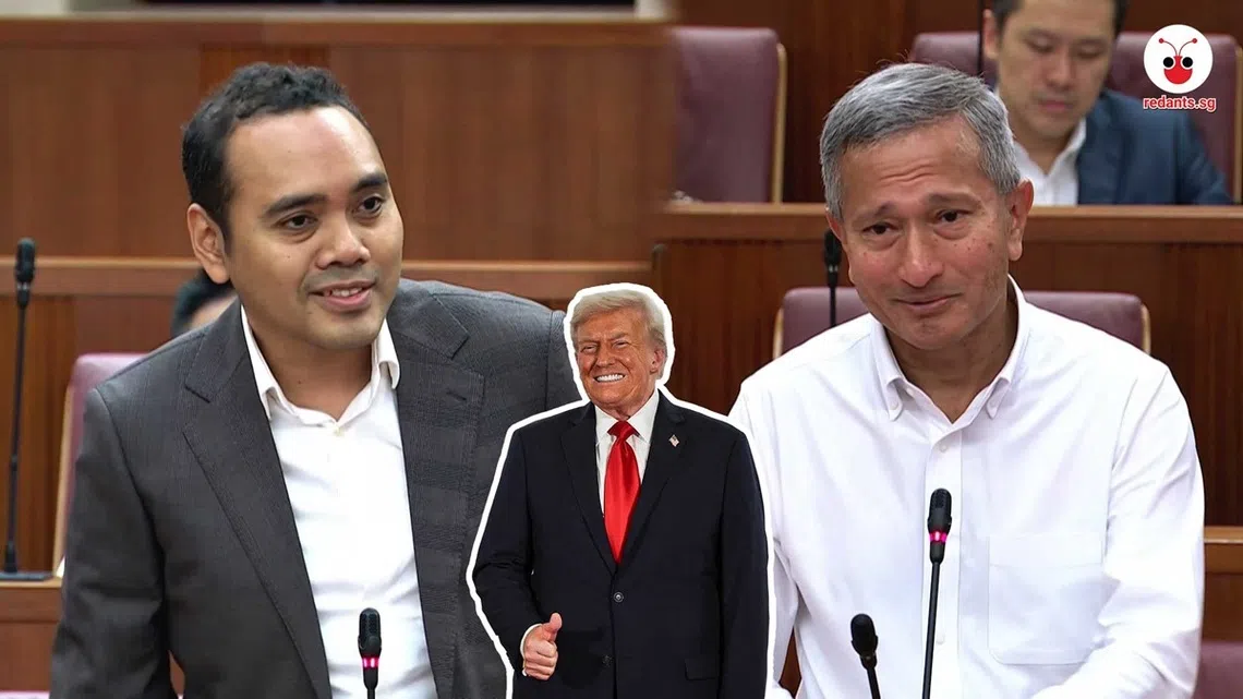 蔡厝港集选区议员周凯年（左）在国会向维文（右）提问，特朗普斡旋加沙和平有功，新加坡会否因而支持特朗普角逐诺贝尔和平奖？