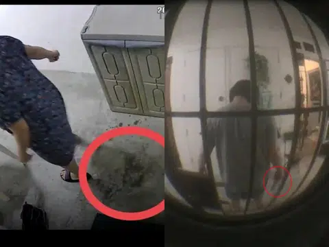 （左图）妇女在走廊地板留下肮脏物。（右图）妇女手拿长条物在走廊走动。（新明日报）