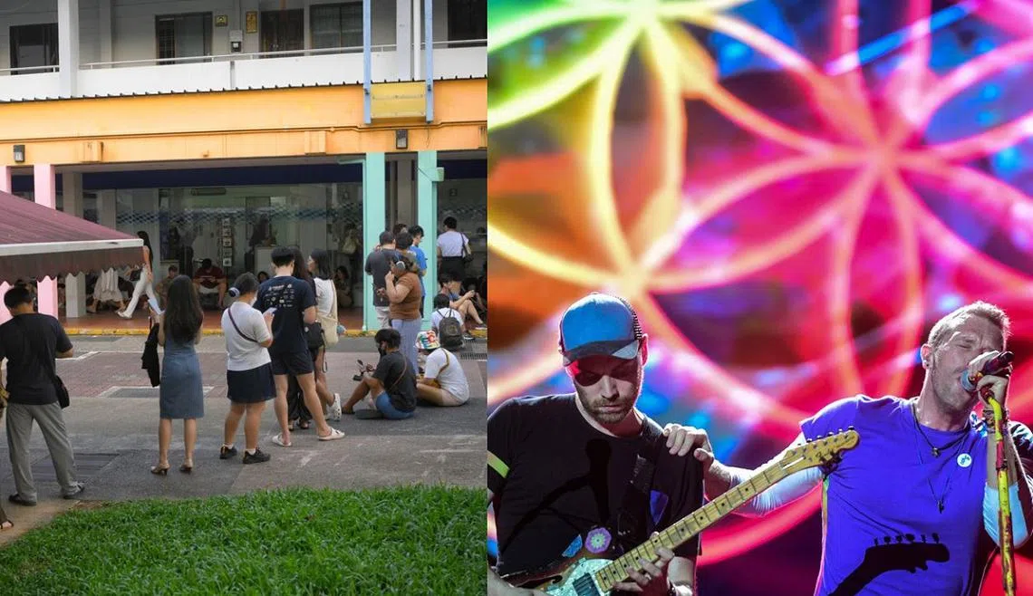 酷玩乐队（右）的演唱会门票本周公开贩售，新邮政外一早就排起长长人龙。（红蚂蚁制图／海峡时报）