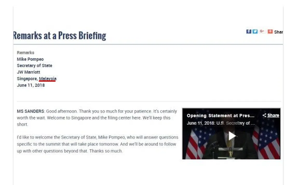 美国国务院大摆乌龙，把新加坡当做是马来西亚的一部分。（互联网）
