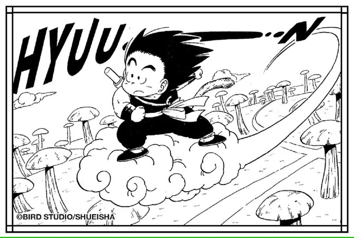 《七龙珠》里背负如意金箍棒，脚踩筋斗云的童年“悟空”。（取自推特X）