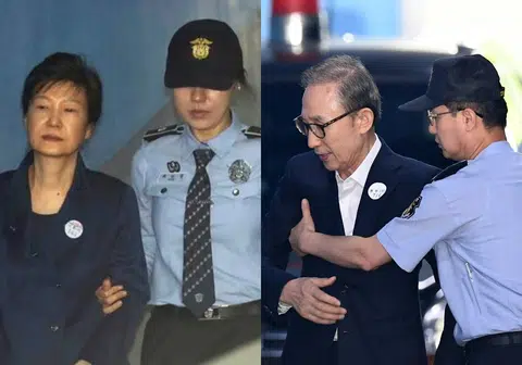 韩国最近两位卸任总统朴槿惠（左）及李明博（右）分别因案被判入狱。（李国豪制图）