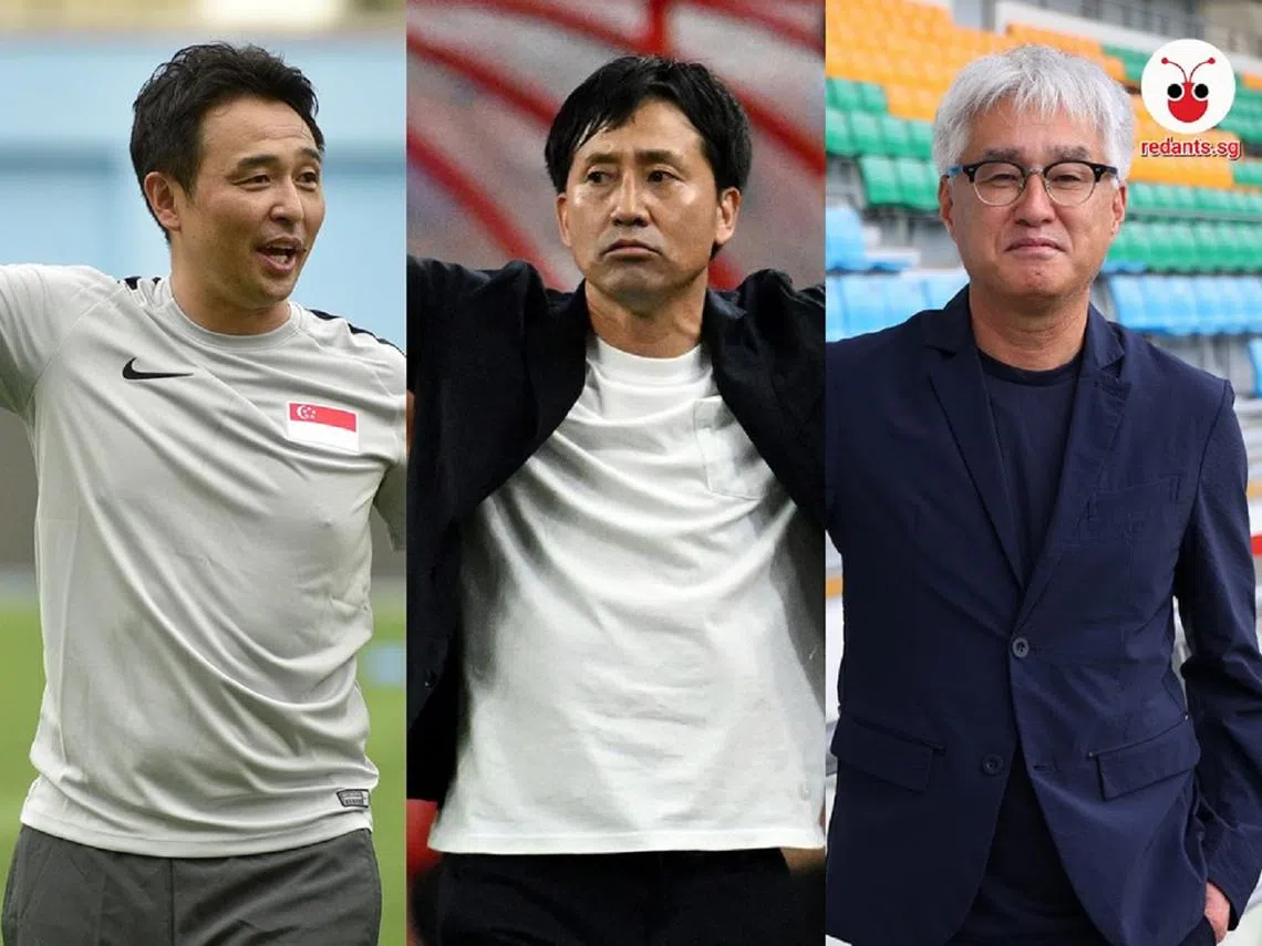 新加坡五年来连续聘请了三位日籍主帅。左起：2019年接棒，2021年以以想多陪伴家人为由卸任的吉田达磨、2024年1月被裁掉的西谷隆之，新上任的小仓勉。（红蚂蚁制图）