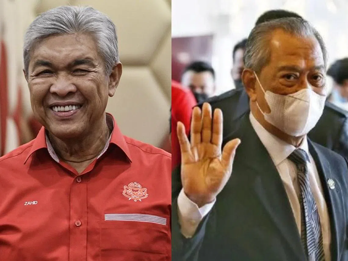 巫统主席扎希（左）在2月26日致函土团党领袖慕尤丁（右），传达巫统最高理事会会议的决定，即下届大选不和土团党合作。（红蚂蚁制图）