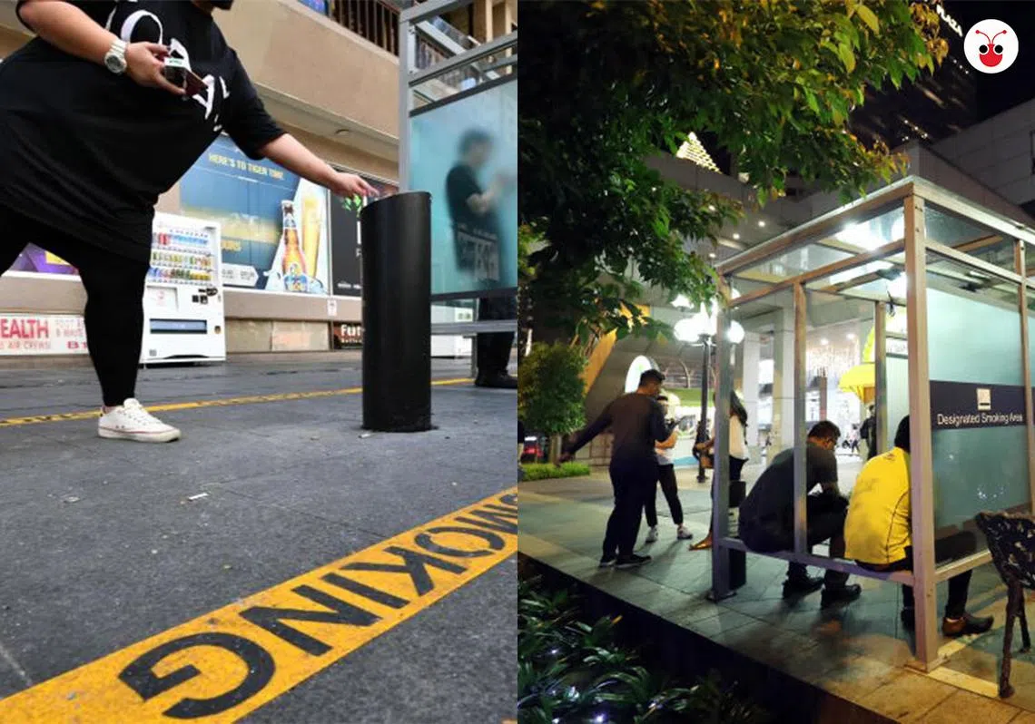 乌节路内特定吸烟区有黄框标示，部分还有透明隔间。